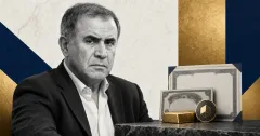 Greyscale Nouriel Roubini beside a tokenized investment fund certificate and gold reserve assets on navy and gold editorial panels.