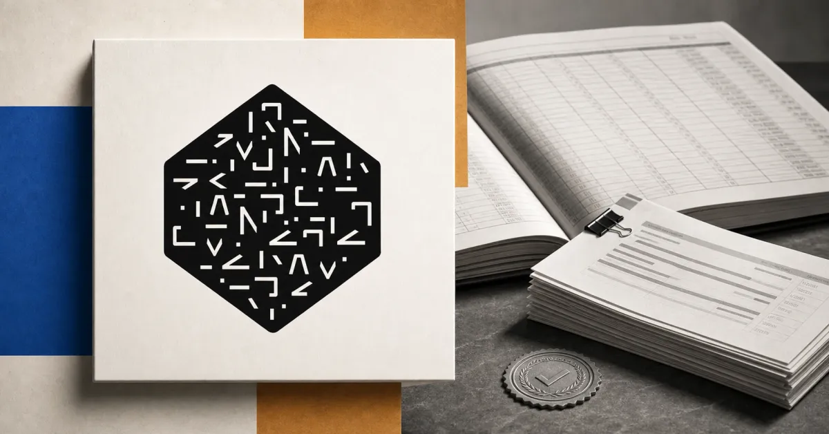 Official black Numerai sigil on a large off-white plaque beside a greyscale institutional portfolio ledger and market-order tickets.