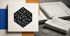 Official black Numerai sigil on a large off-white plaque beside a greyscale institutional portfolio ledger and market-order tickets.