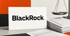 Official BlackRock wordmark on a white placard beside a greyscale options-contract ledger and metal scale on orange, charcoal and off-white editorial panels.