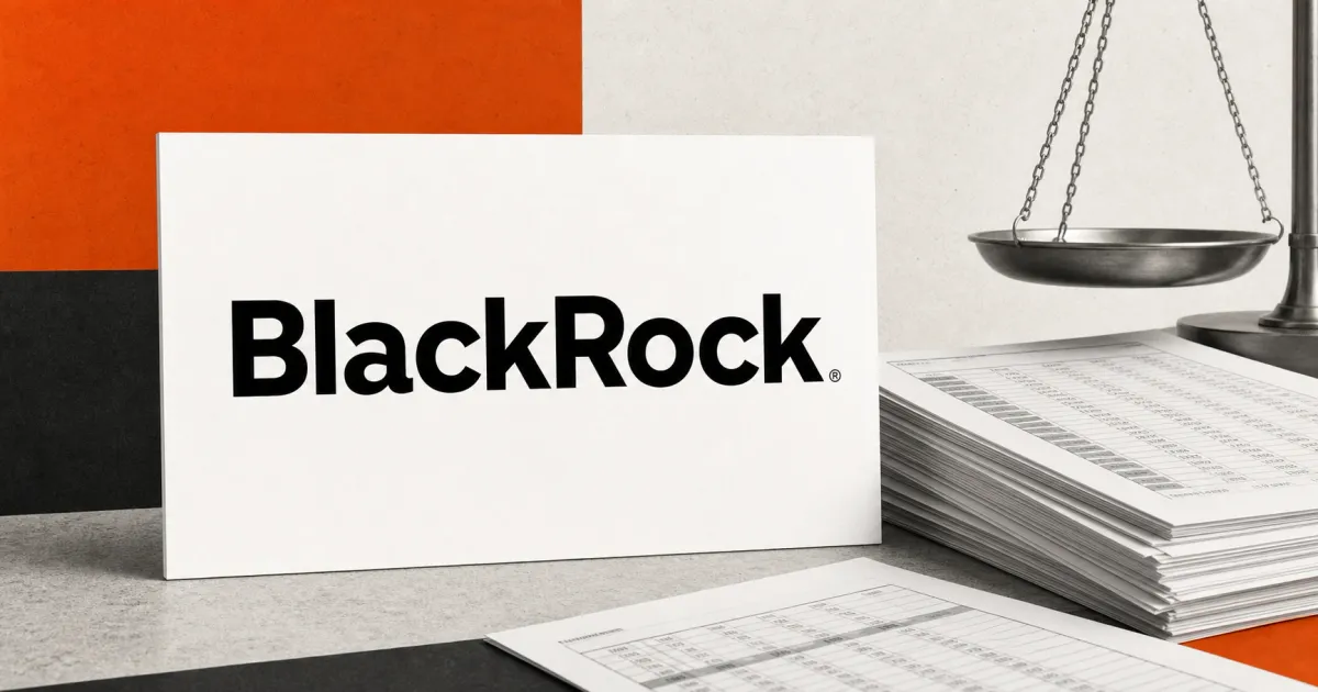 Official BlackRock wordmark on a white placard beside a greyscale options-contract ledger and metal scale on orange, charcoal and off-white editorial panels.