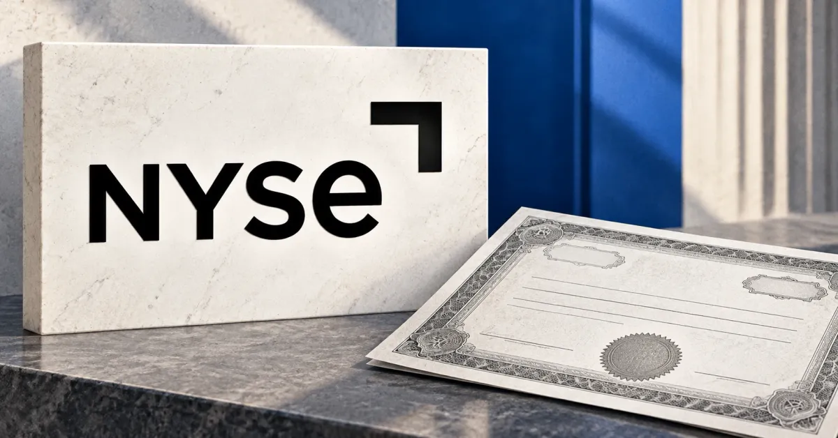 Large official black NYSE wordmark on a white stone sign beside an unbranded greyscale stock certificate, against cobalt blue and off-white editorial panels.