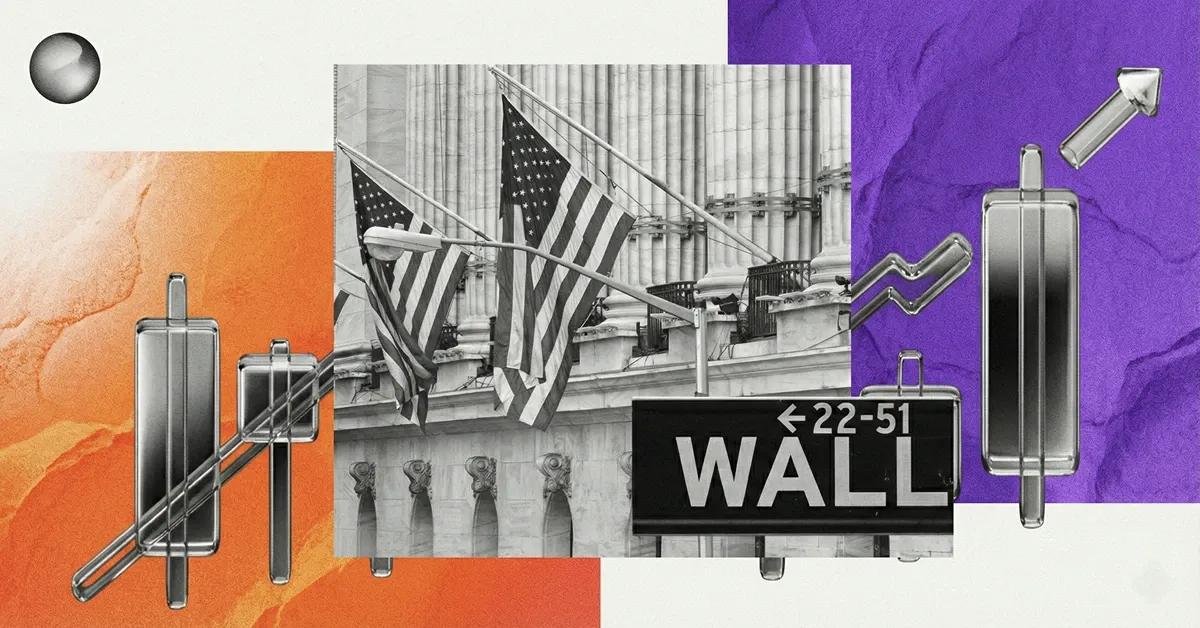 Wall Street sign and U.S. flags with candlestick charts and zigzag arrows on orange and purple blocks, illustrating U.S. stock market volatility and trading moves