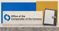 One large official OCC blue emblem and black Office of the Comptroller of the Currency wordmark on a front-facing ivory sign beside a smaller unbranded greyscale document folio with a steel clasp, against cobalt and ochre panels.