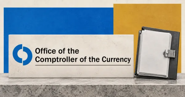One large official OCC blue emblem and black Office of the Comptroller of the Currency wordmark on a front-facing ivory sign beside a smaller unbranded greyscale document folio with a steel clasp, against cobalt and ochre panels.