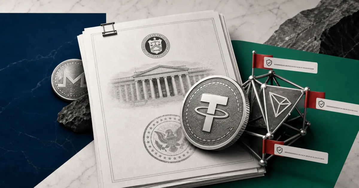 Greyscale OFAC sanctions document with USDT, Tron and Monero crypto objects on Treasury blue, Tether green and off-white editorial panels.