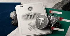 Greyscale OFAC sanctions document with USDT, Tron and Monero crypto objects on Treasury blue, Tether green and off-white editorial panels.