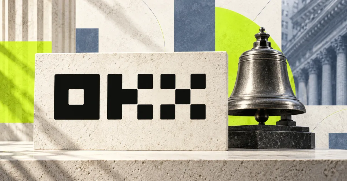 Large official black OKX block-letter wordmark on an off-white stone sign beside an unbranded greyscale exchange bell, with lime and slate-blue panels and an architectural backdrop.