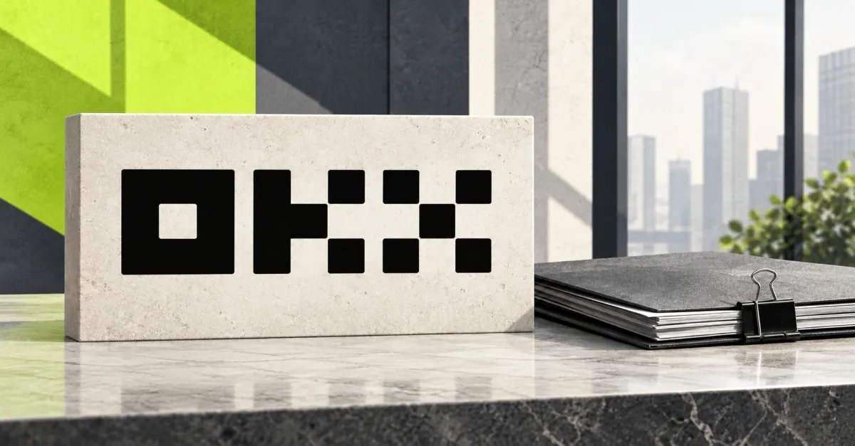 Large official black OKX block-letter wordmark on an upright off-white stone sign beside an unbranded greyscale investment folio, blank papers and binder clip, with lime and slate panels and an institutional window backdrop.