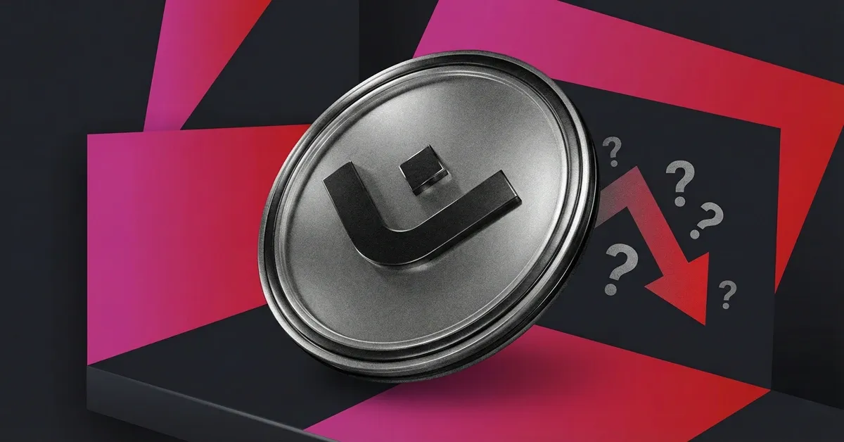 Mantra OM token coin on dark pink background with red falling arrow and question marks signaling 90% crash