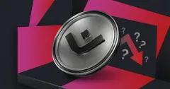 Mantra OM token coin on dark pink background with red falling arrow and question marks signaling 90% crash