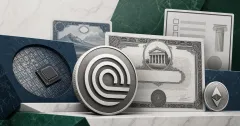 Greyscale Ondo Finance tokenized securities medallion, IVV ETF certificate motif, Micron semiconductor wafer, Broadridge ballot and Ethereum coin on emerald, steel-blue and off-white editorial panels.