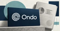 Large official white Ondo wordmark on a navy plaque beside an unbranded greyscale investment portfolio document.