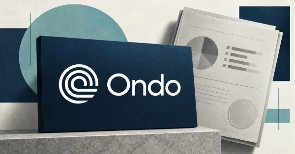 Large official white Ondo wordmark on a navy plaque beside an unbranded greyscale investment portfolio document.