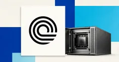 Official Ondo circular logo in black on a large white plaque beside a greyscale secure computing enclosure, set against blue and cobalt editorial panels.
