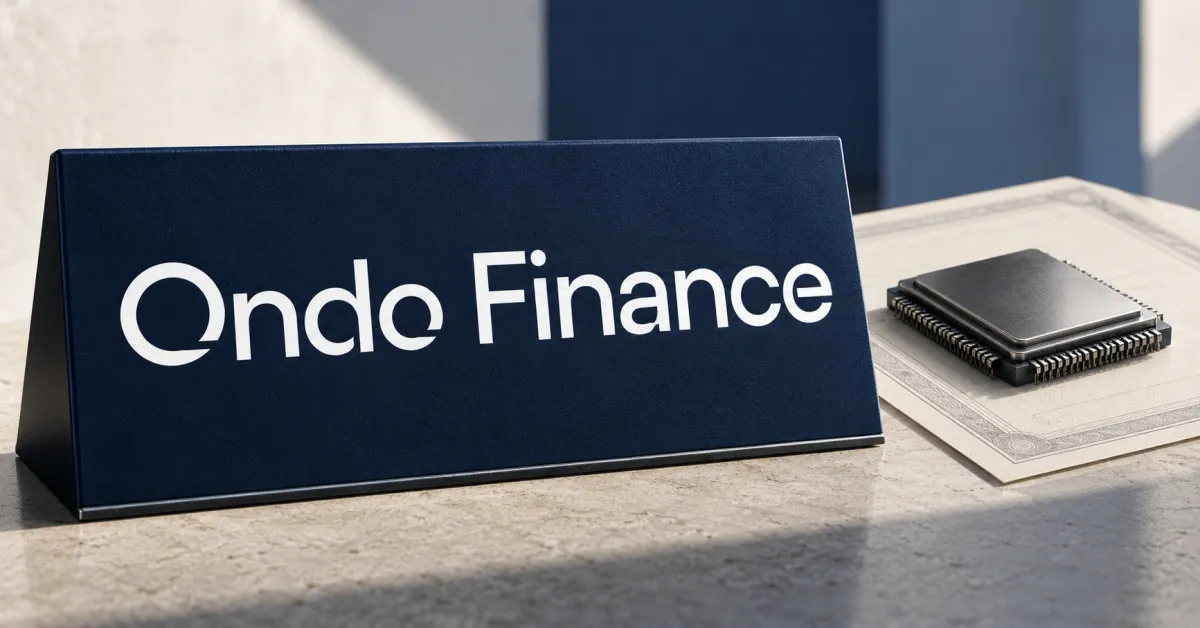 Large official white Ondo Finance wordmark on a navy desk sign beside an unbranded greyscale AI processor resting on a plain financial note document, against off-white and blue editorial panels.