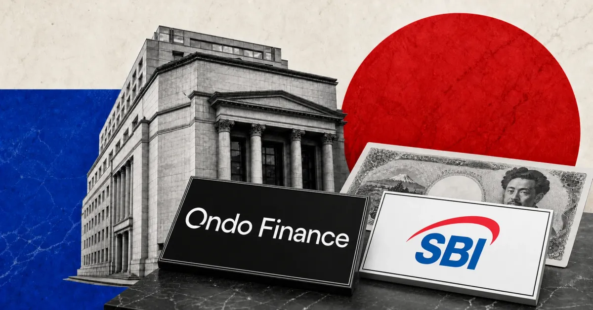 Official Ondo Finance and SBI Group logos displayed prominently on paired black and white plaques beside a greyscale Japanese financial building and yen banknote on blue, red and off-white editorial panels.