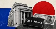 Official Ondo Finance wordmark on a prominent black tokenized-security plaque beside a greyscale Japanese financial building and yen banknote on blue, red and off-white editorial panels.