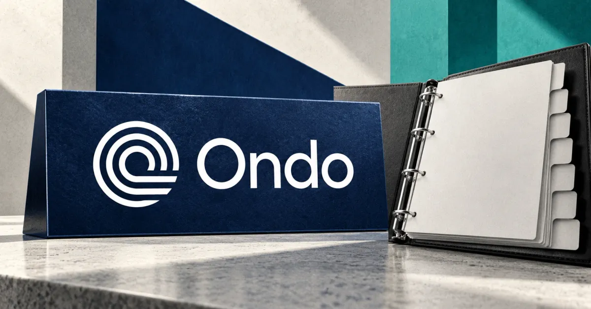 Large official white Ondo emblem and wordmark on a navy desk sign beside an unbranded greyscale investment binder with paper dividers, against off-white and teal panels.