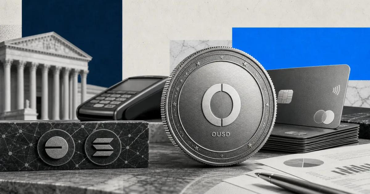 Greyscale OUSD stablecoin coin, payment cards, banking building and blockchain rails on blue, navy and off-white editorial panels.