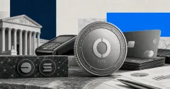 Greyscale OUSD stablecoin coin, payment cards, banking building and blockchain rails on blue, navy and off-white editorial panels.