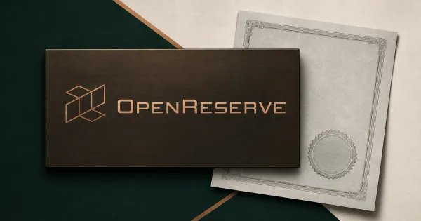 Large official OpenReserve copper wordmark and geometric mark on a dark bronze plate beside an unbranded greyscale bank charter document with a blank embossed seal.