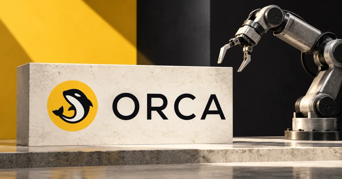 One large official yellow Orca whale emblem and black ORCA wordmark on an off-white stone sign beside an unbranded greyscale industrial robot arm, against mustard-yellow and charcoal architectural panels.