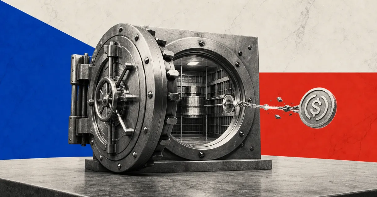 Greyscale open industrial liquidity vault with a USDC coin pulled through a broken security seal, set against blue, red and off-white editorial panels.