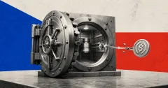 Greyscale open industrial liquidity vault with a USDC coin pulled through a broken security seal, set against blue, red and off-white editorial panels.