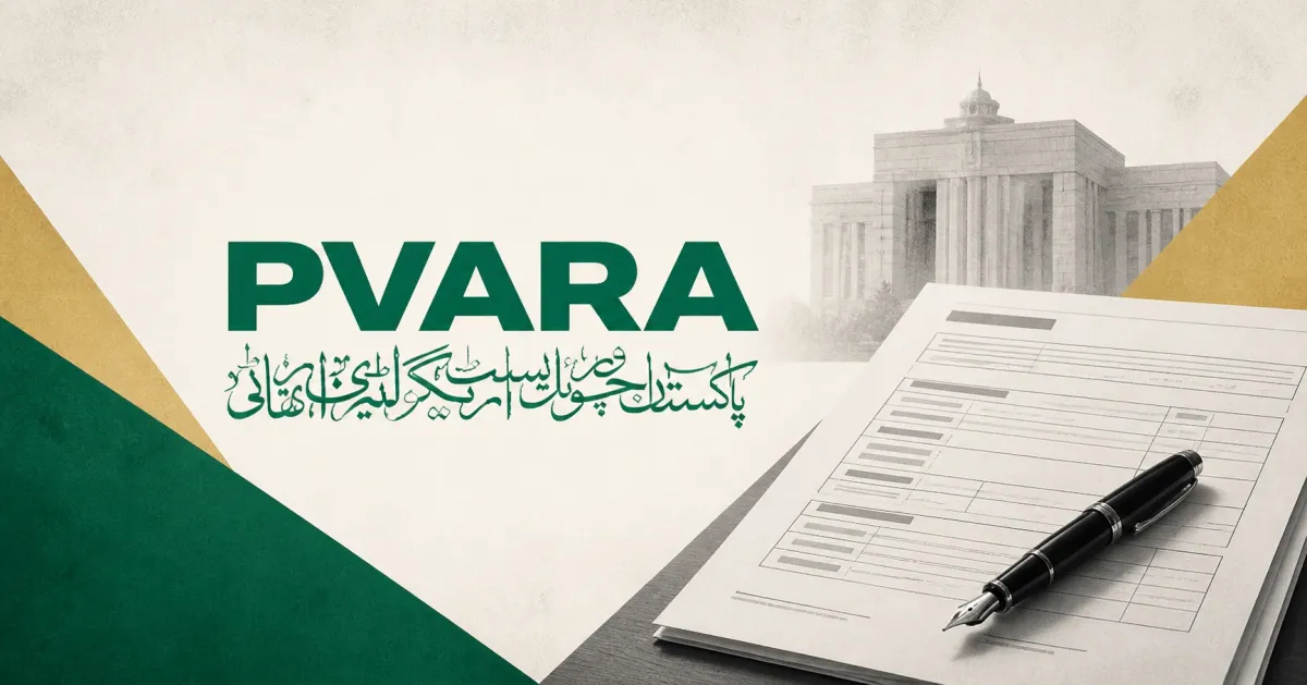 Large official green PVARA logo with Urdu wordmark beside a greyscale virtual-asset licence application and fountain pen, with an unbranded government building on off-white, Pakistan-green and sand editorial panels.