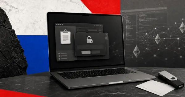 Greyscale Mac laptop showing a fake clipboard security prompt beside a crypto hardware wallet and Ethereum network screen on blue, red and off-white editorial panels.