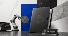 Greyscale Paradigm investment desk with an AI robotics arm, blockchain market terminal and venture fund documents on cobalt, black and off-white editorial panels.