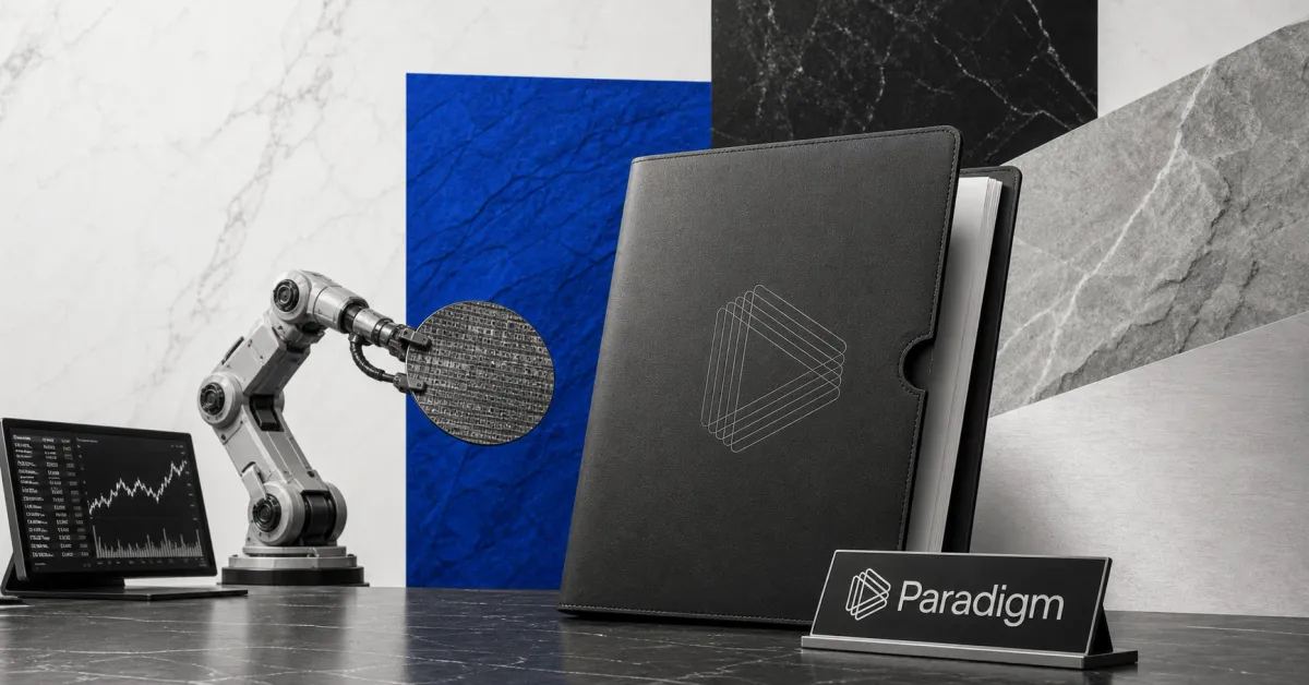 Greyscale Paradigm investment desk with an AI robotics arm, blockchain market terminal and venture fund documents on cobalt, black and off-white editorial panels.