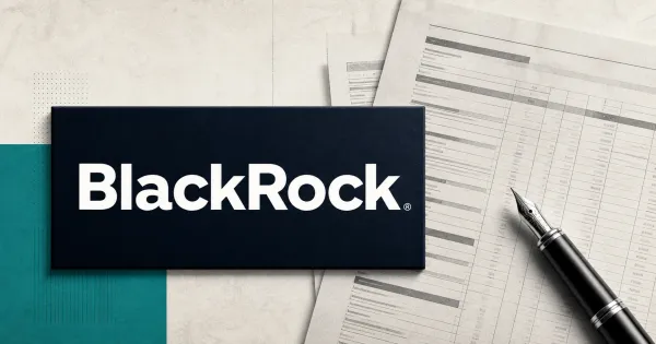 Large official white BlackRock wordmark on a dark navy fund plaque beside a greyscale unbranded institutional holdings document and fountain pen over off-white and teal editorial panels.