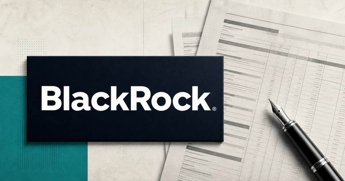 Large official white BlackRock wordmark on a dark navy fund plaque beside a greyscale unbranded institutional holdings document and fountain pen over off-white and teal editorial panels.
