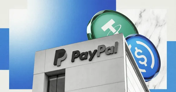 PayPal building with USDT Tether and USDC stablecoin icons, representing PayPal’s involvement in crypto payments and stablecoin adoption
