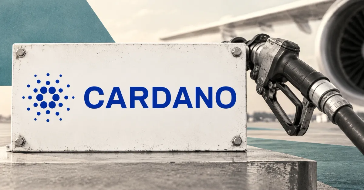 Large official blue Cardano starburst and CARDANO wordmark on a white industrial placard beside an unbranded greyscale aviation refueling nozzle, with muted teal panels and an aircraft in the background.