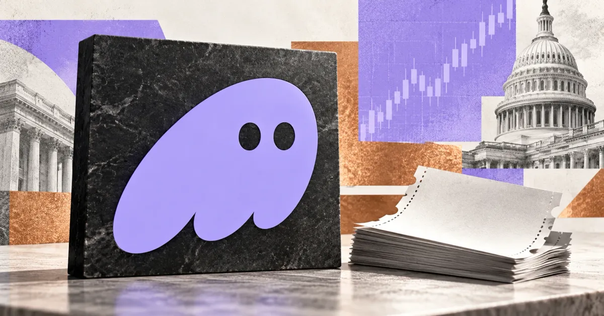 One large official lavender Phantom ghost mark on a charcoal sign beside unbranded greyscale perforated tickets, with civic buildings and a faint chart against off-white, lavender and copper panels.