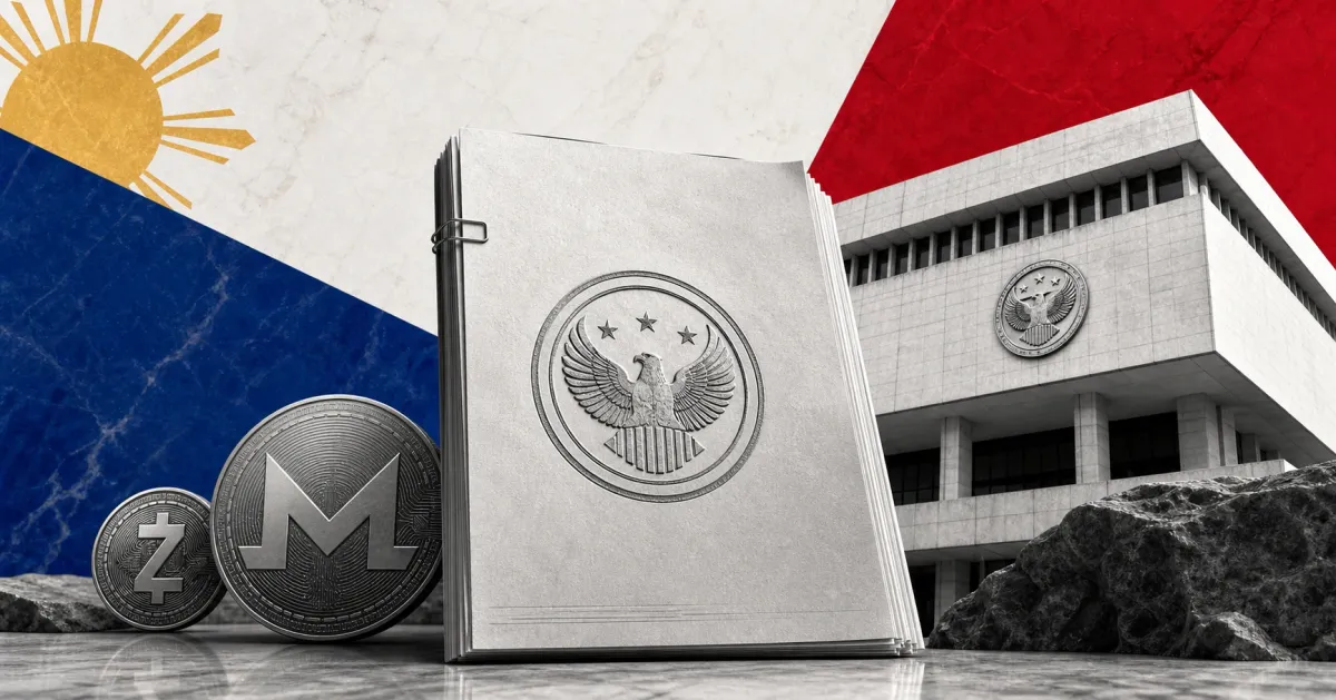 Greyscale Philippine central bank building, regulatory document stack, Monero coin and Zcash coin on blue, red, gold and off-white editorial panels.