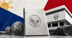 Greyscale Philippine central bank building, regulatory document stack, Monero coin and Zcash coin on blue, red, gold and off-white editorial panels.