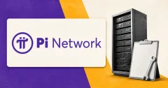 Large official purple Pi Network logo and wordmark on an off-white plaque beside a greyscale server rack and unbranded maintenance clipboard, set against purple and amber editorial panels.