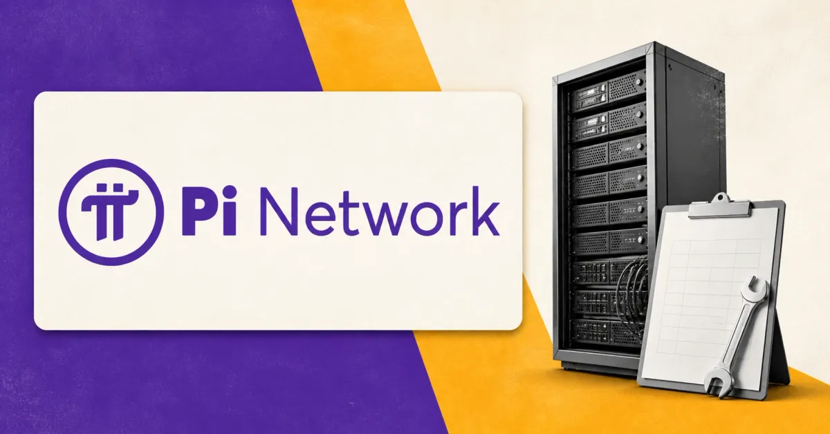 Large official purple Pi Network logo and wordmark on an off-white plaque beside a greyscale server rack and unbranded maintenance clipboard, set against purple and amber editorial panels.