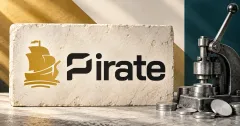 Large official gold ship and black Pirate wordmark on a pale limestone sign beside a smaller unbranded greyscale mechanical coin press with blank metal discs, against off-white, ochre and deep teal panels.
