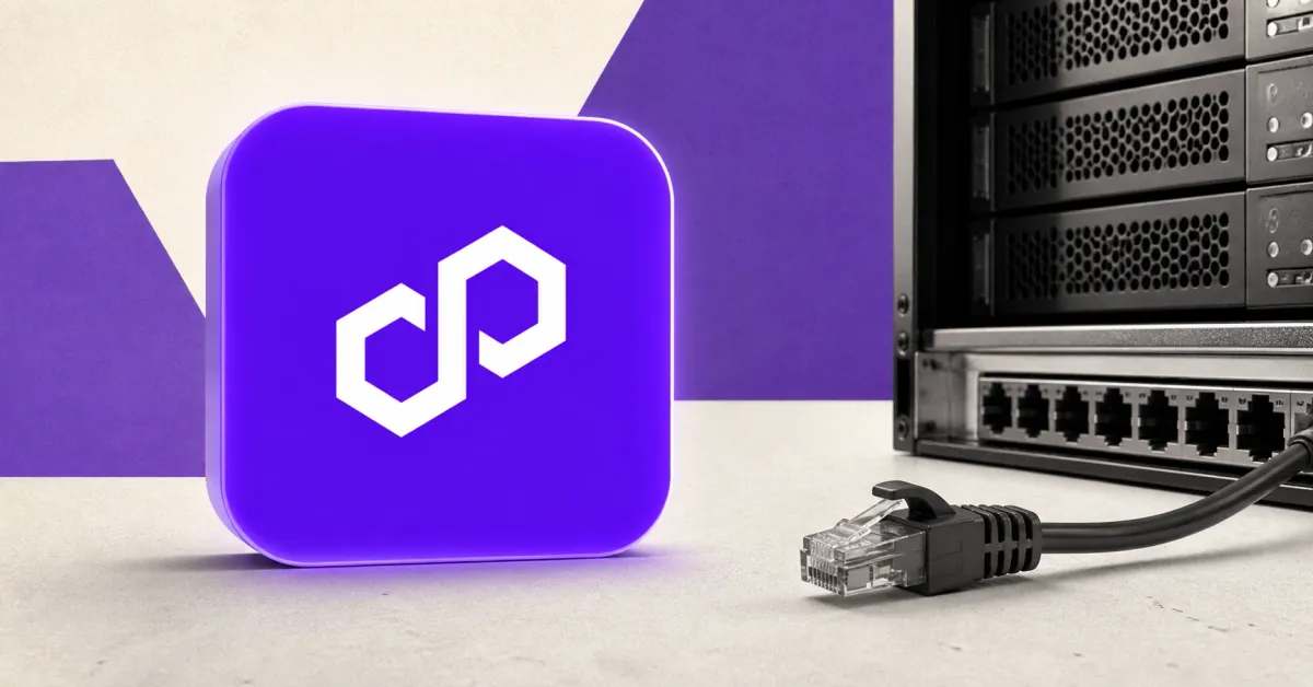 Official Polygon logo on a purple plaque beside an unplugged network cable and server rack, illustrating Polygon's public RPC endpoint retirement.