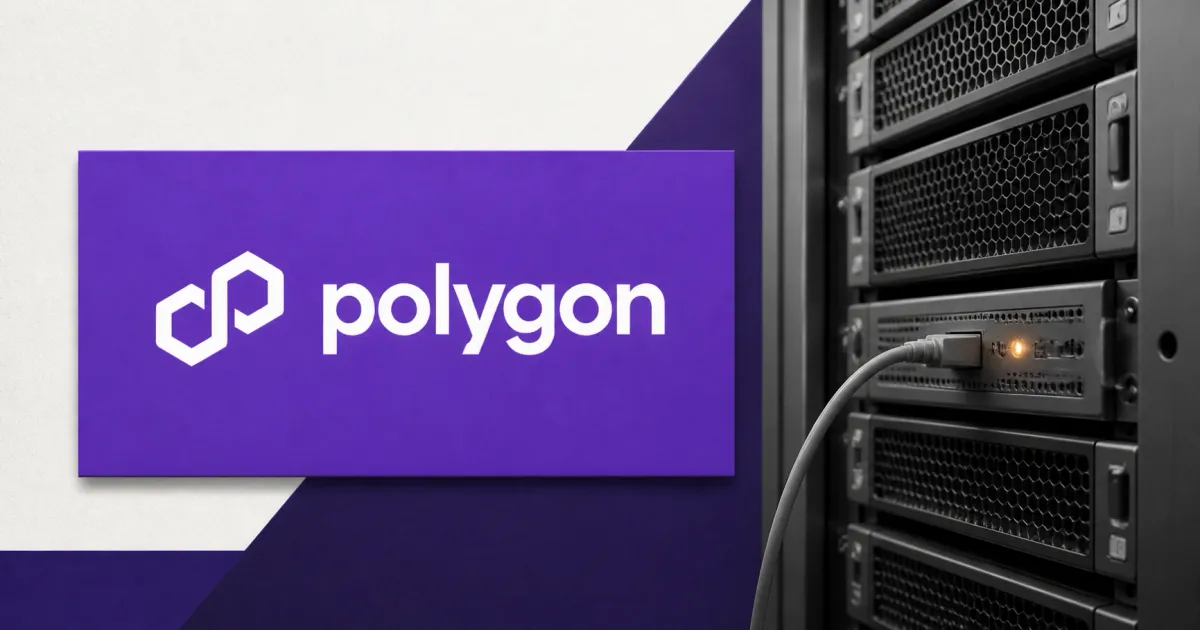 Large official white Polygon wordmark on a purple plaque beside a greyscale unbranded validator server rack with a diagnostic cable and amber alert light.