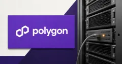 Large official white Polygon wordmark on a purple plaque beside a greyscale unbranded validator server rack with a diagnostic cable and amber alert light.