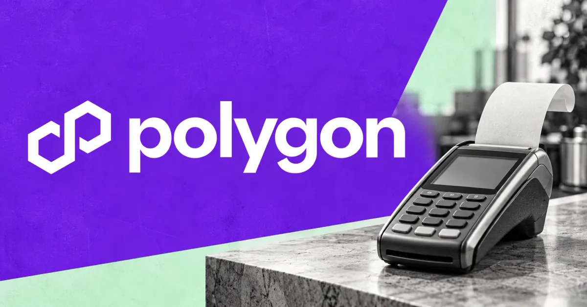 Large official white Polygon linked-hexagon symbol and lowercase polygon wordmark on a purple field beside an unbranded greyscale payment terminal with a blank receipt, against mint panels.