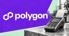 Large official white Polygon linked-hexagon symbol and lowercase polygon wordmark on a purple field beside an unbranded greyscale payment terminal with a blank receipt, against mint panels.