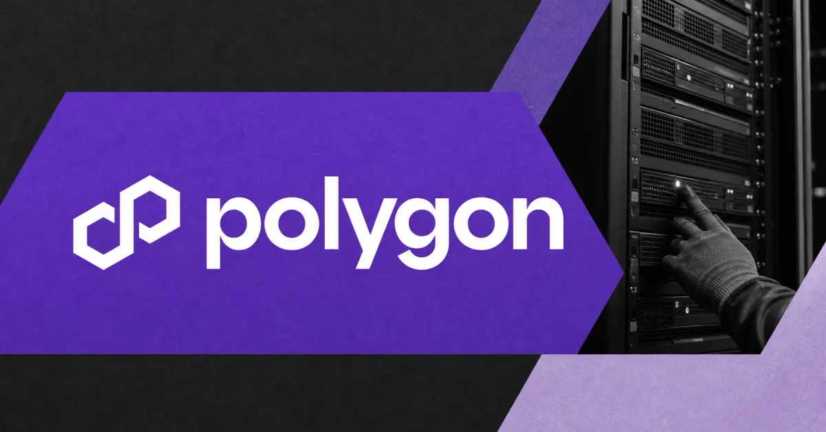 Official white Polygon logo in a prominent purple panel beside a greyscale validator server rack and a gloved operator hand.
