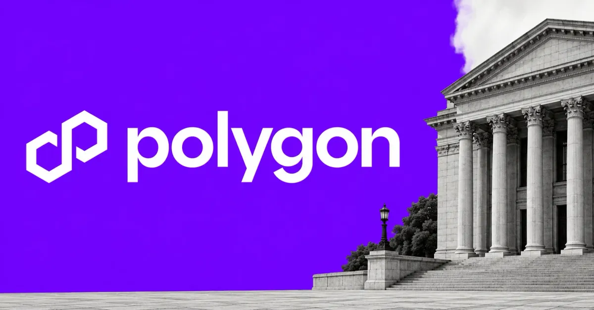 One large official white linked-hexagon Polygon mark and lowercase polygon wordmark on a purple editorial field beside an unbranded greyscale bank building with stone columns, stone steps and ground, and an off-white sky.